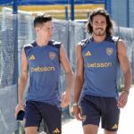 Herrera y Cavani en el entrenamiento de Boca