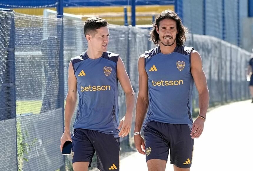 Herrera y Cavani en el entrenamiento de Boca